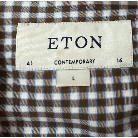 Eton Contemporary Brown Checkered Men's Twill Button Down Dress Shirt Size L - Picture 4 of 5